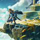 Key art for Tears of the Kingdom shows hero Link crouching on the edge of a floating platform, looking down.